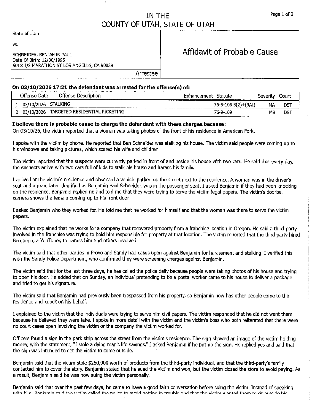 First page preview of American Fork Police 26AF02033 probable cause statement