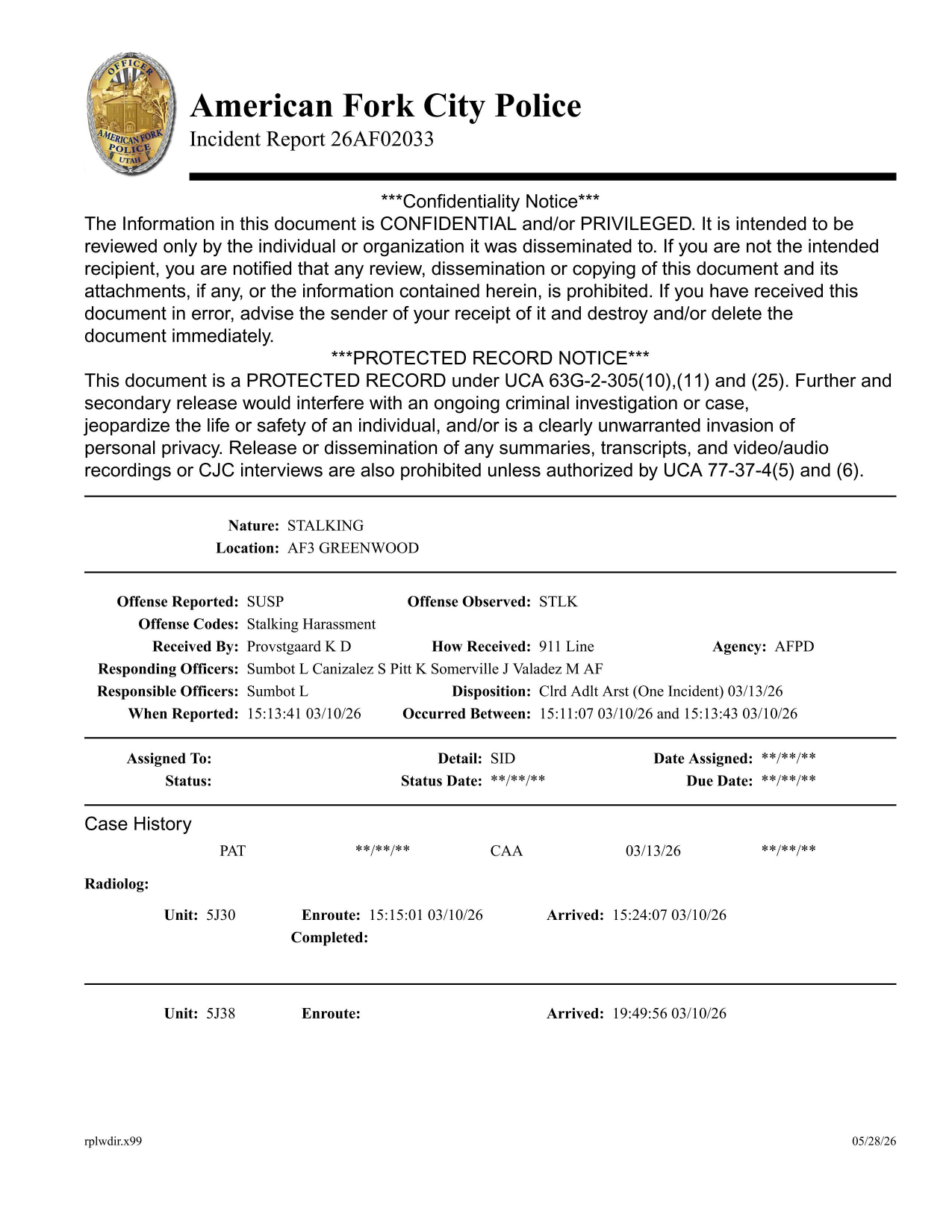 First page preview of American Fork Police 26AF02033 stalking / harassment report