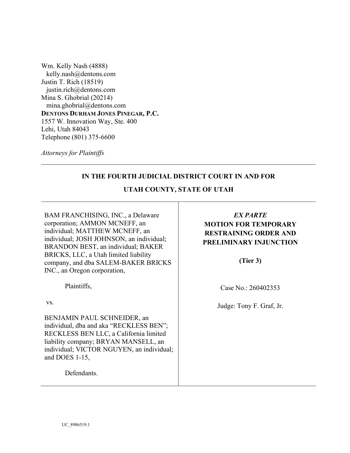 First page preview of Ex Parte Motion for TRO / Preliminary Injunction