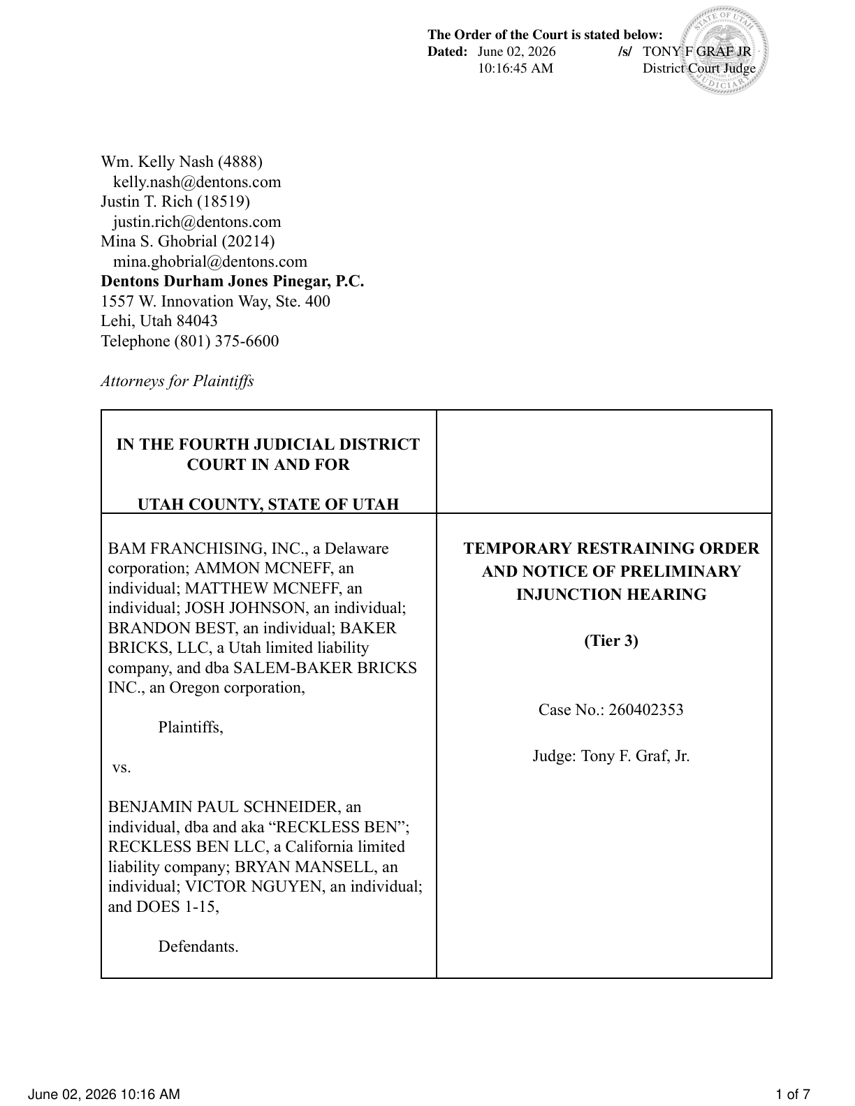 First page preview of TRO (Entered June 2, 2026)