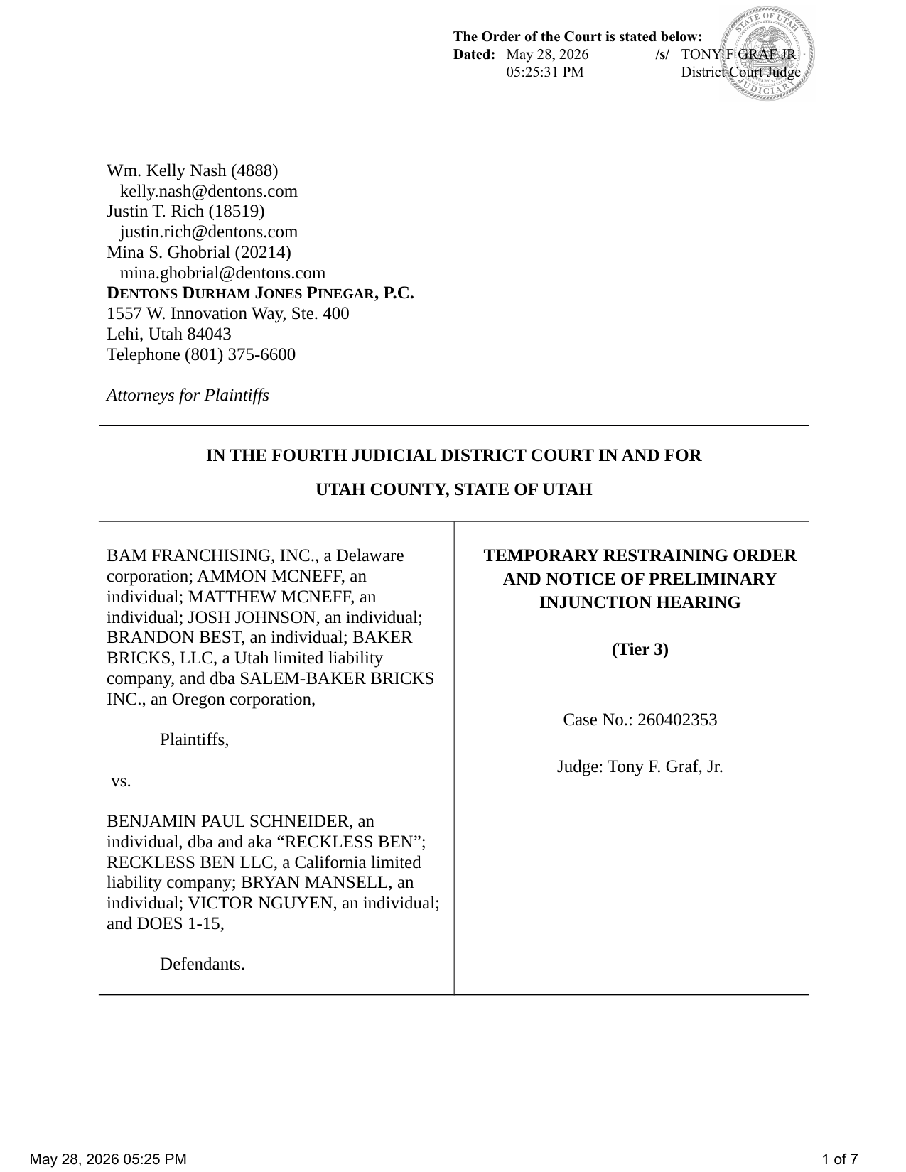 First page preview of Bricks & Minifigs v. Reckless Ben temporary restraining order