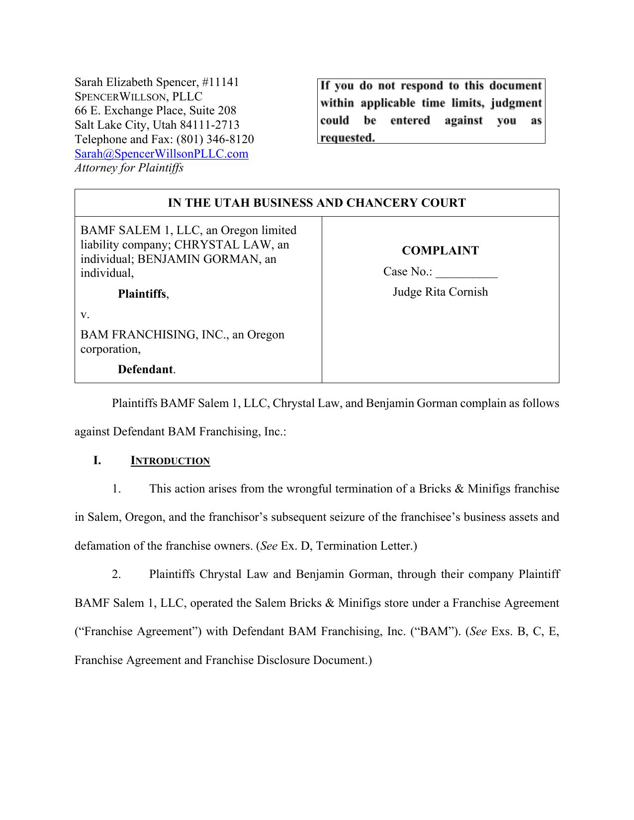 First page preview of Chrystal Law / Benjamin Gorman lawsuit against Bricks & Minifigs