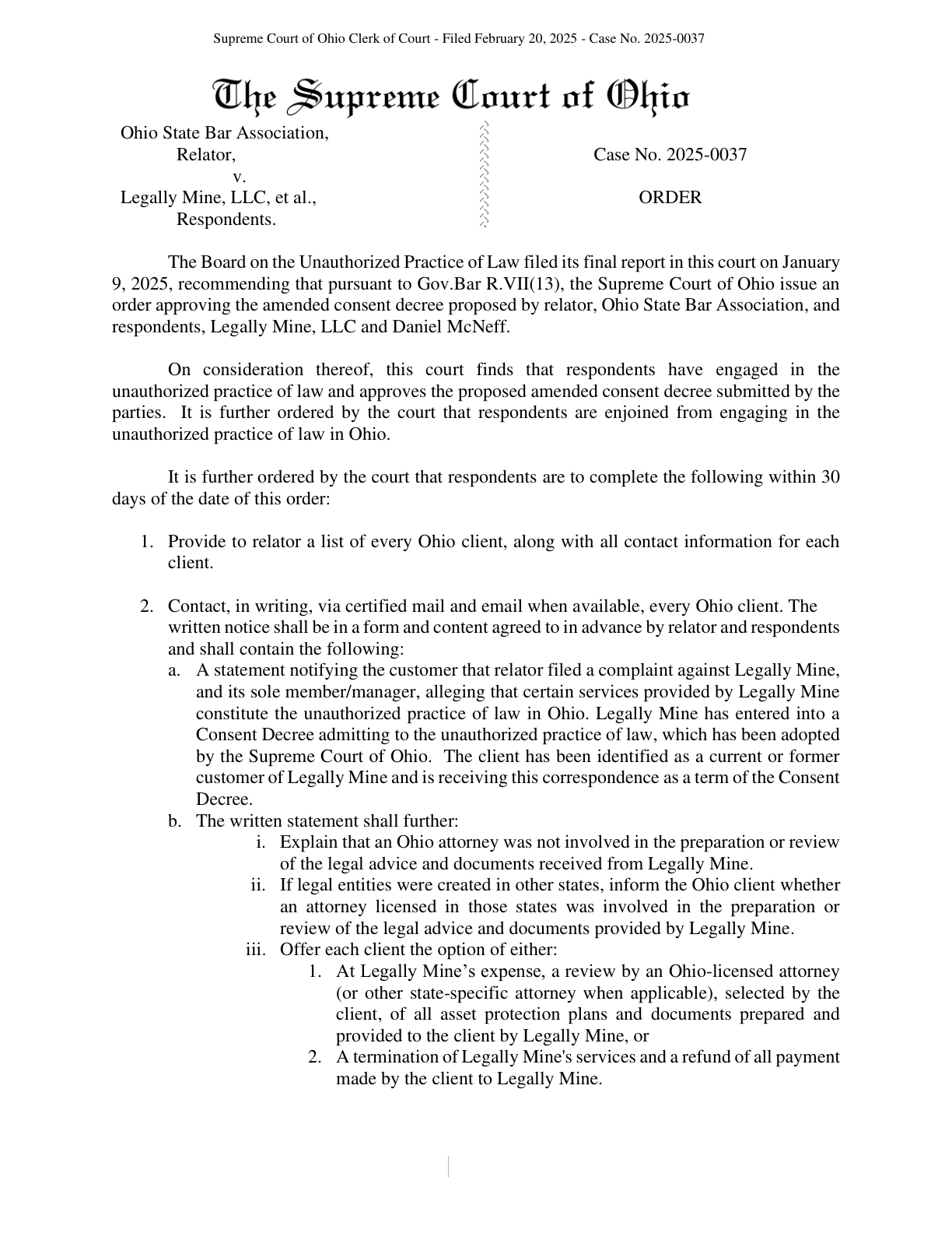 First page preview of Legally Mine Ohio unauthorized practice order