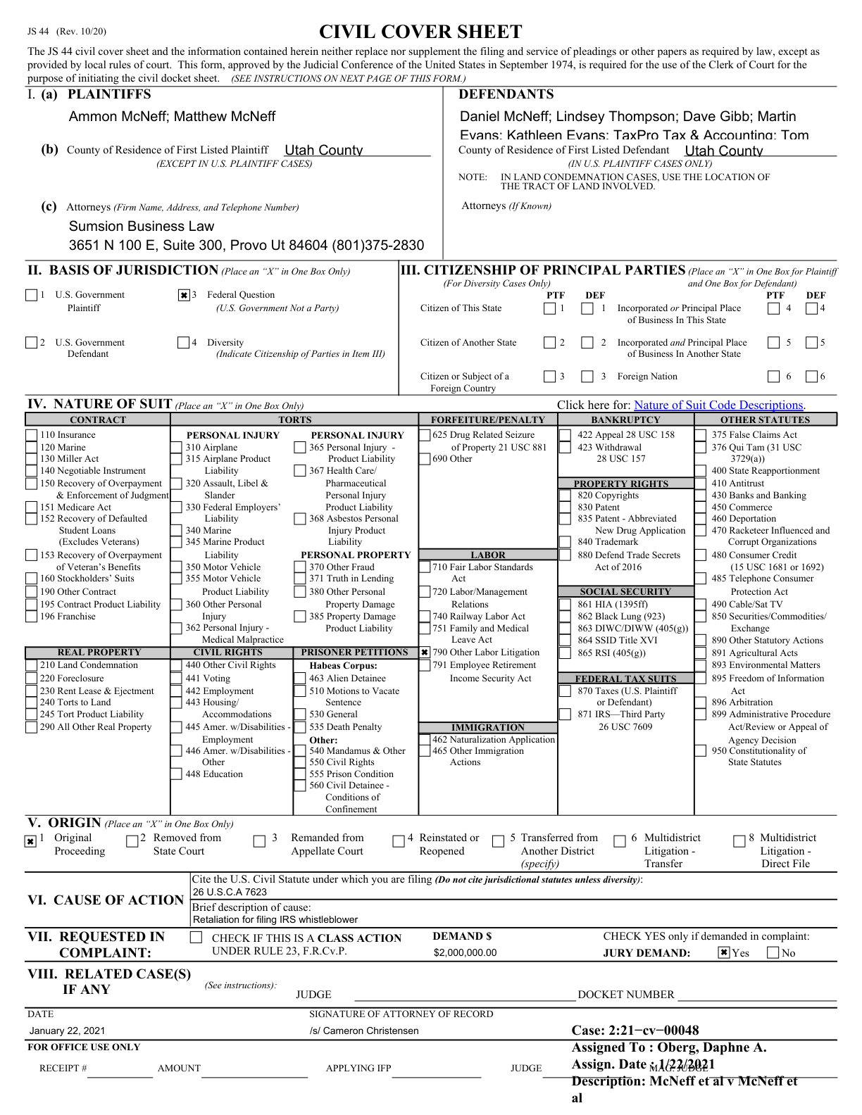 First page preview of McNeff v. McNeff federal case civil cover sheet