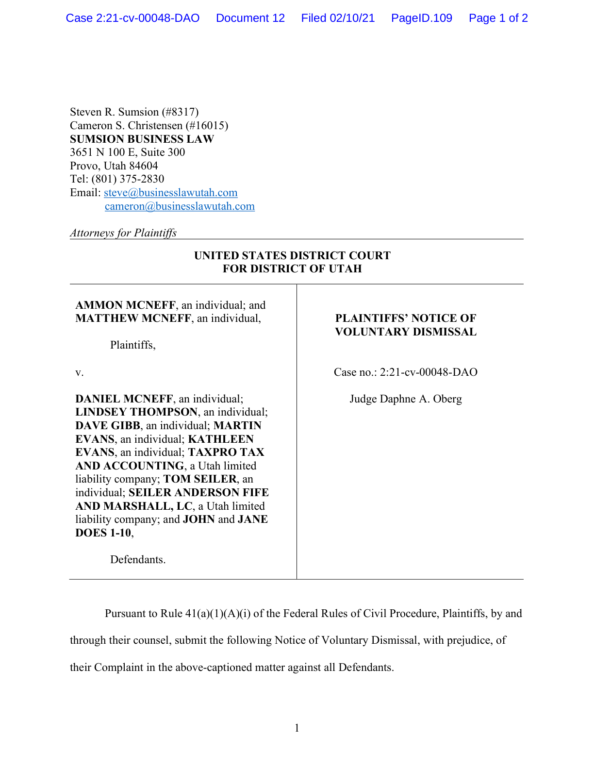 First page preview of Doc. 12 filing (voluntary dismissal)
