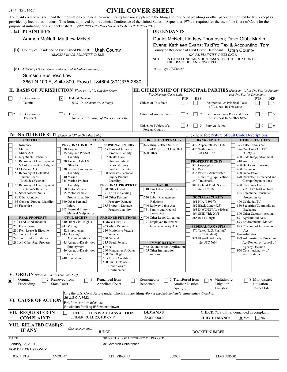First page preview of McNeff v. McNeff complaint attachment civil cover sheet