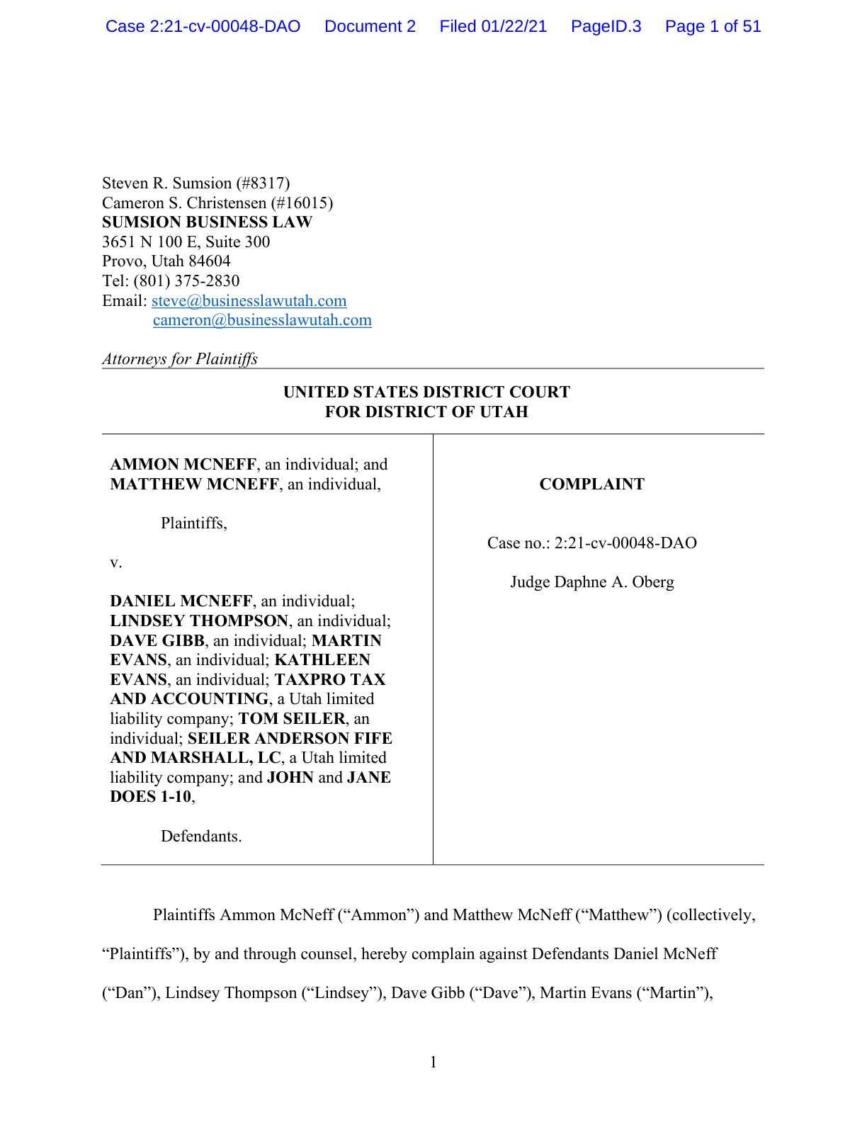First page preview of McNeff v. McNeff federal complaint