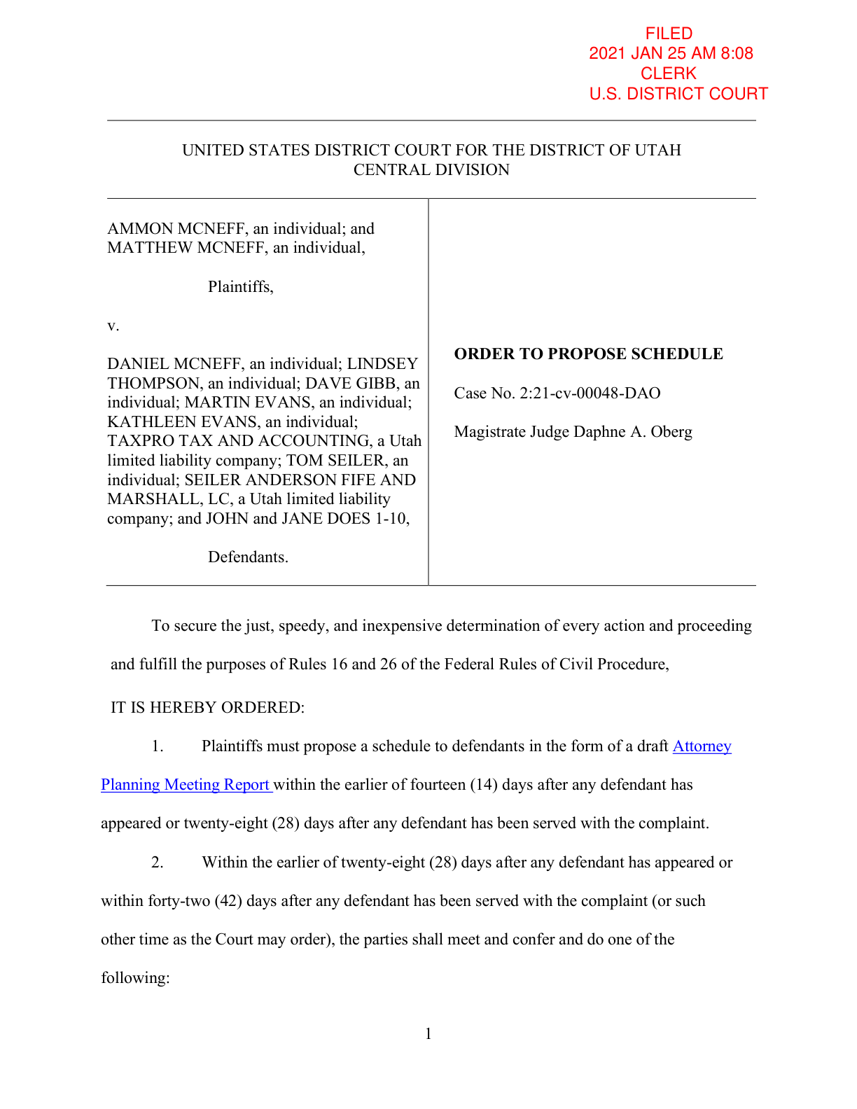 First page preview of McNeff v. McNeff order to propose schedule