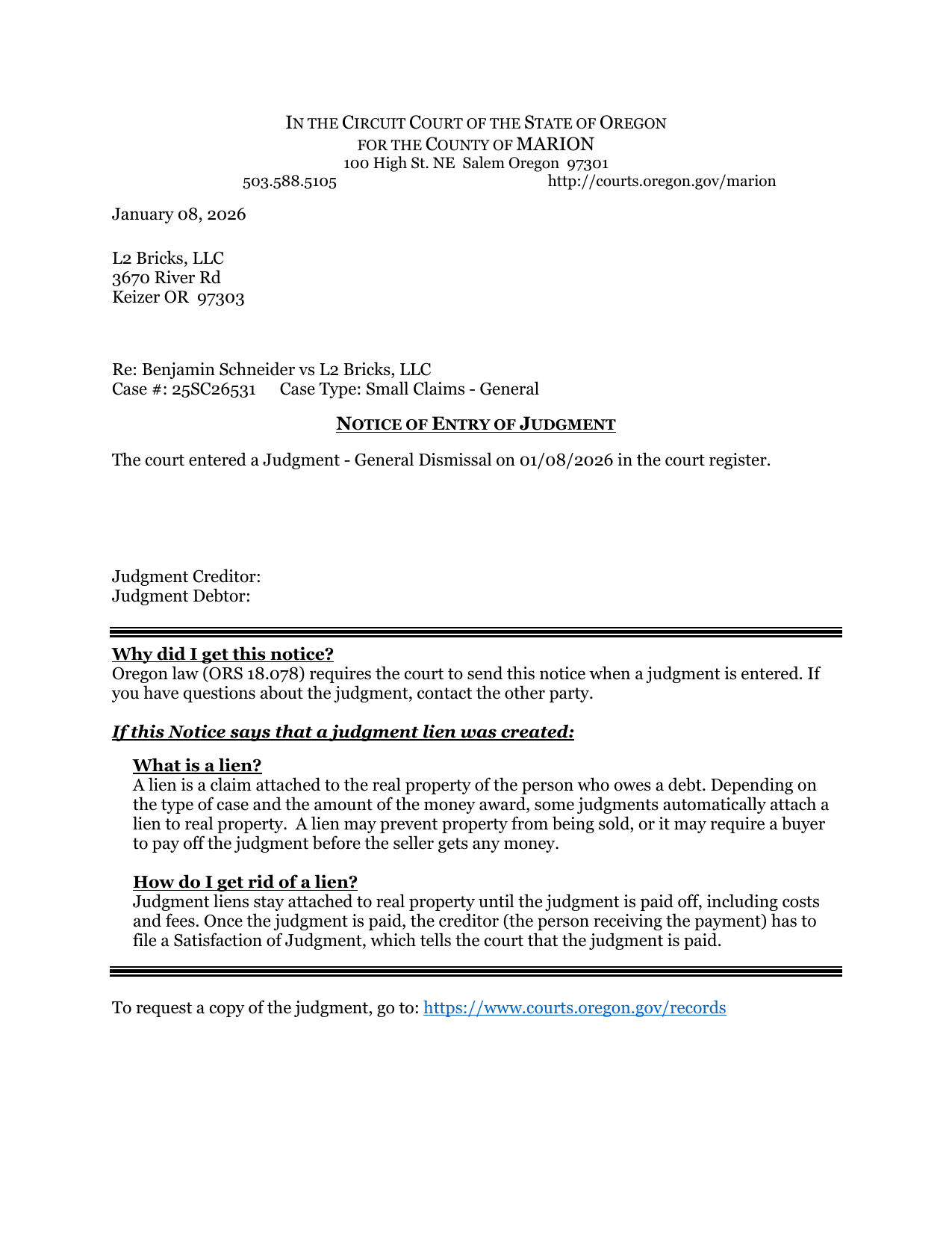 First page preview of 25SC26531 Schneider v. L2 Bricks - Notice - Entry of Judgment