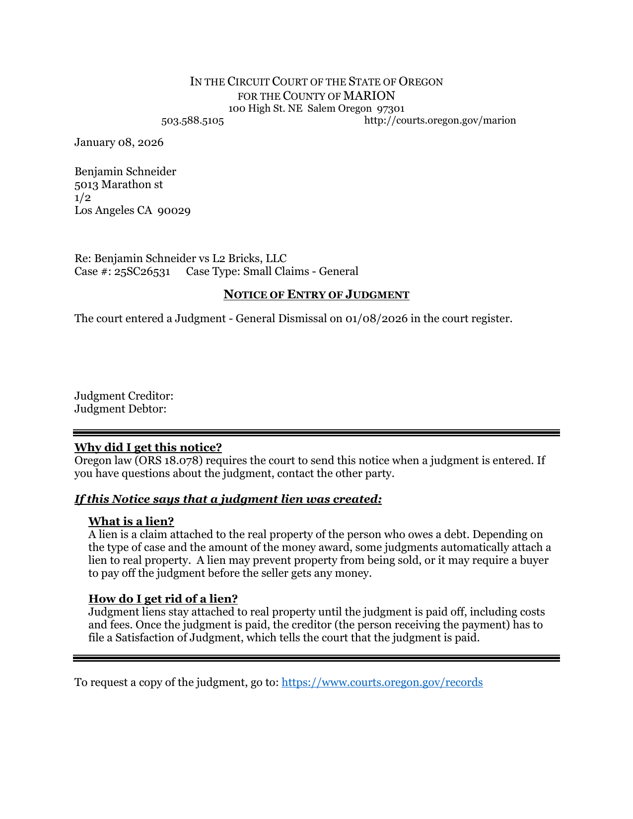 First page preview of 25SC26531 Schneider v. L2 Bricks - Notice - Entry of Judgment