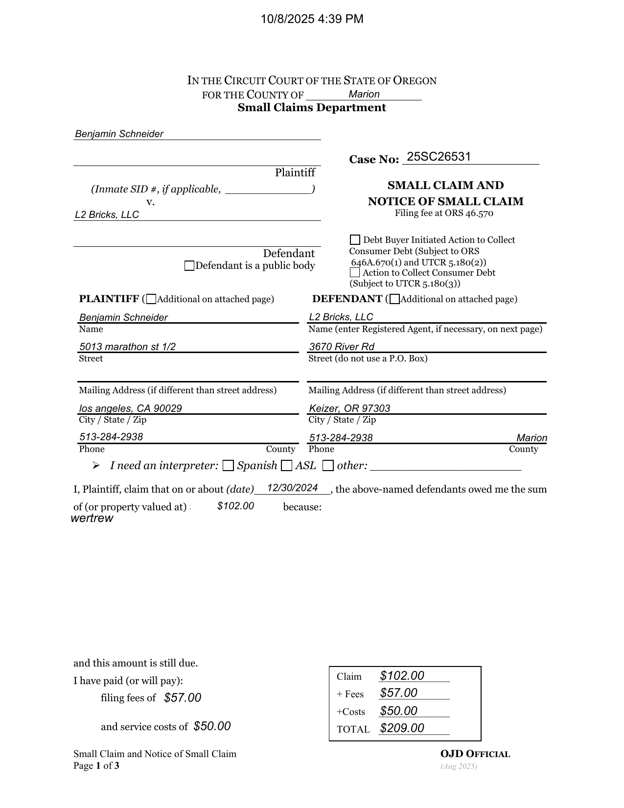 First page preview of 25SC26531 Schneider v. L2 Bricks - Small Claim Complaint