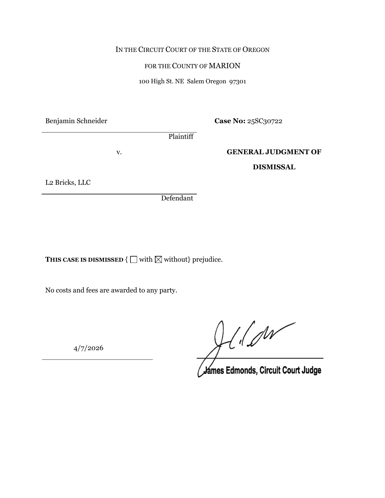 First page preview of 25SC30722 Schneider v. L2 Bricks - Judgment - Housecleaning Dismissal - MAR