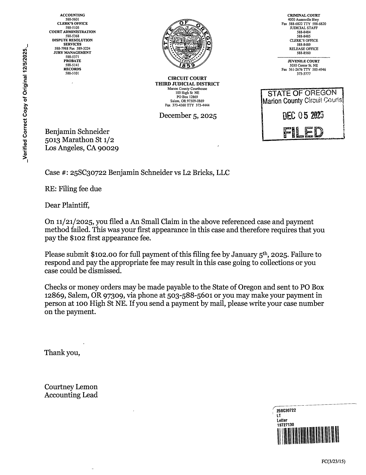 First page preview of 25SC30722 Schneider v. L2 Bricks - Letter