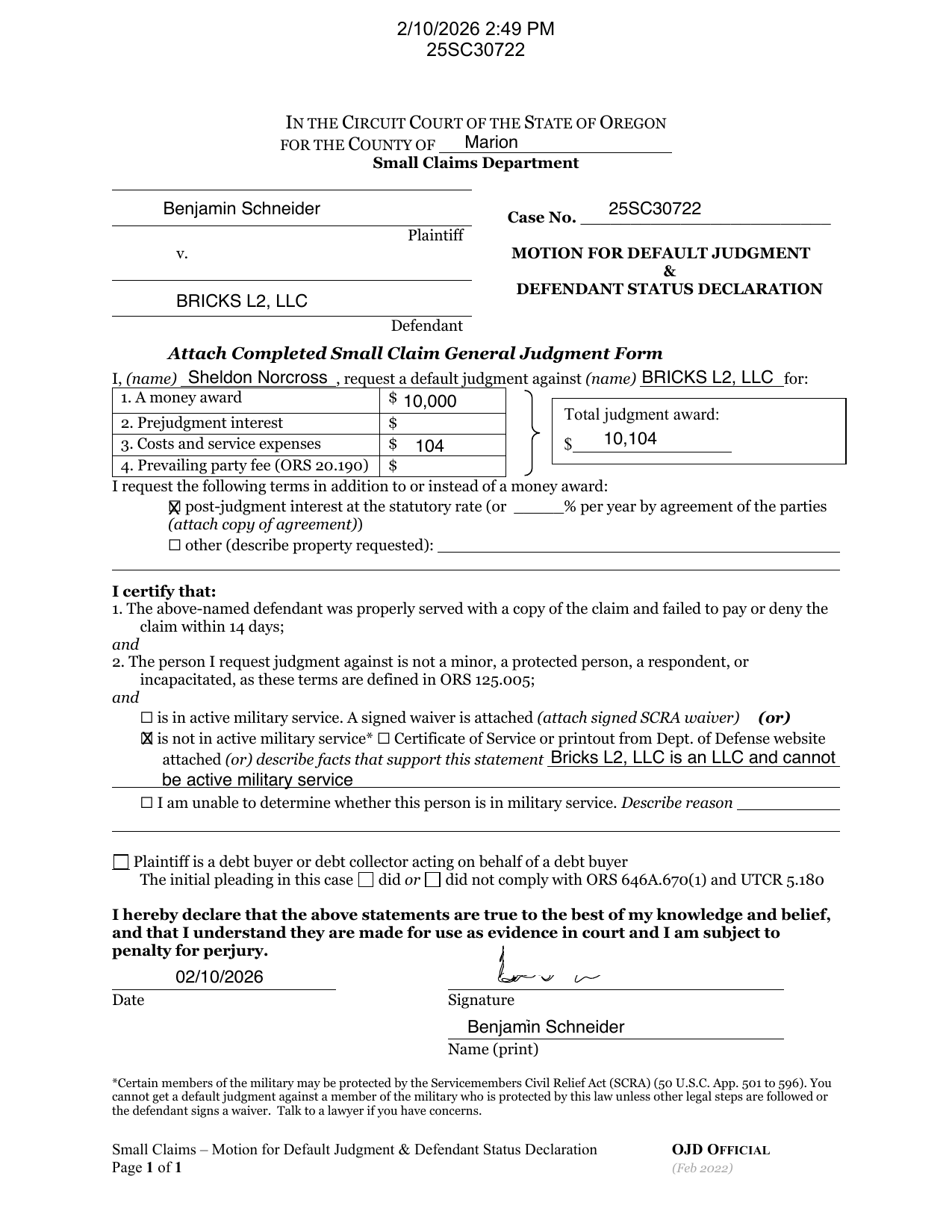 First page preview of 25SC30722 Schneider v. L2 Bricks - Motion - Default Order - MODF