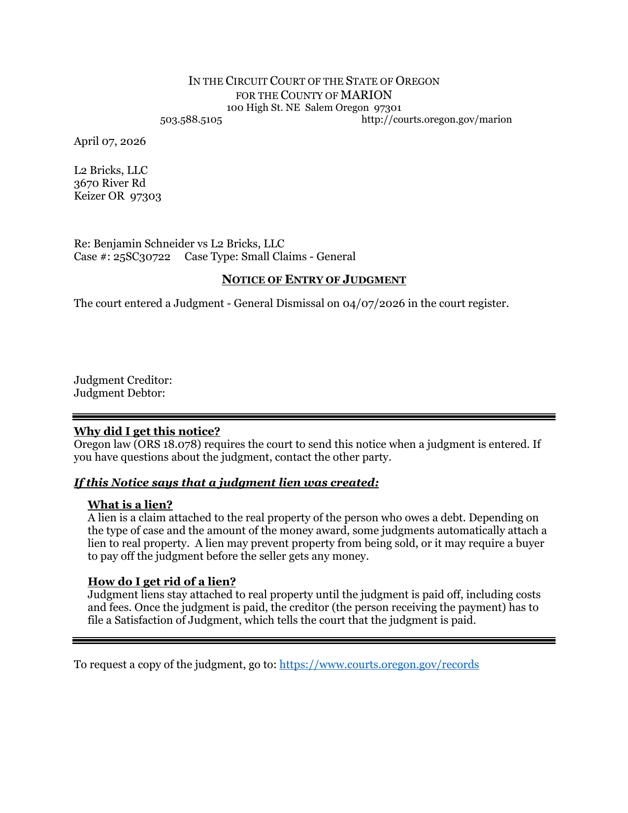 First page preview of 25SC30722 Schneider v. L2 Bricks - Notice - Entry of Judgment