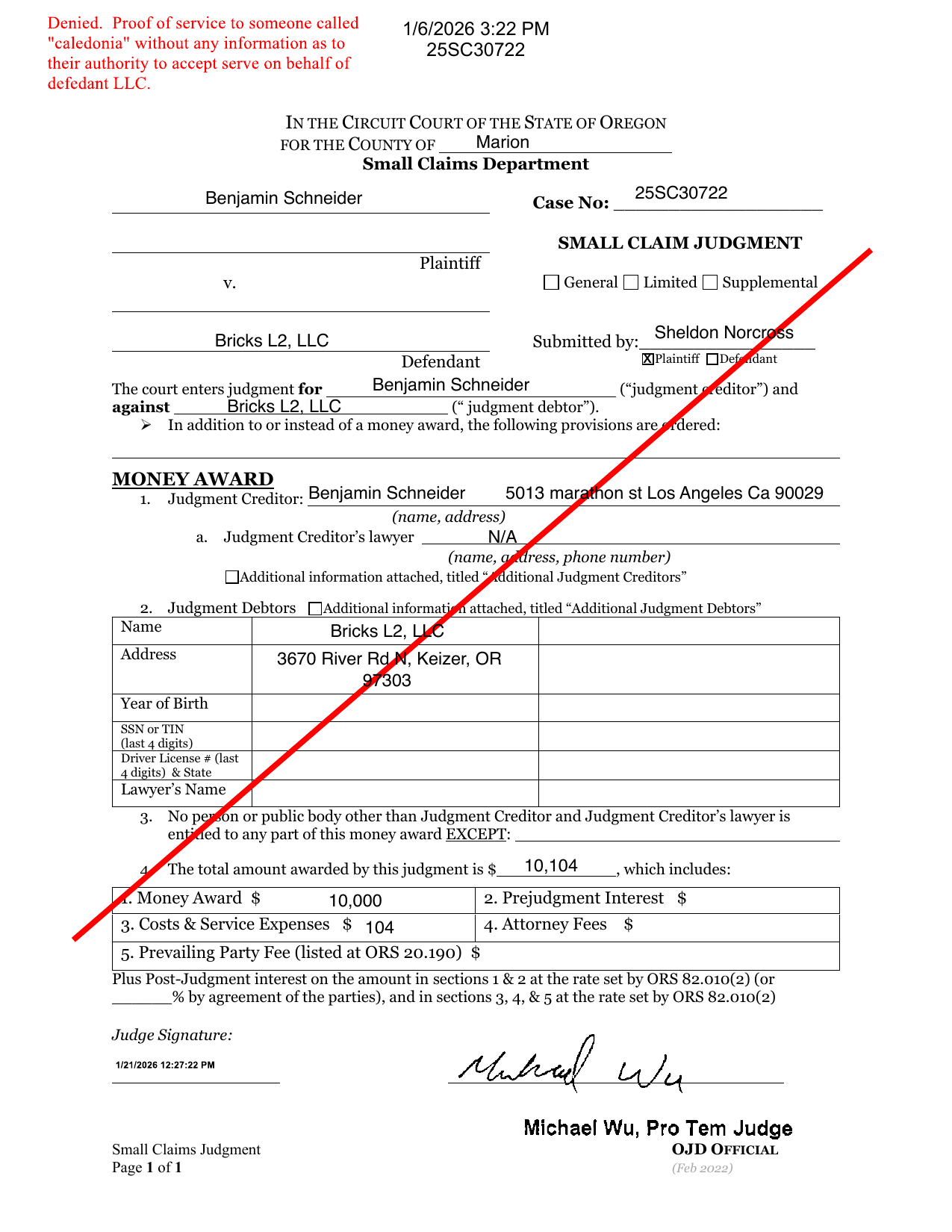First page preview of 25SC30722 Schneider v. L2 Bricks - Order - Denial