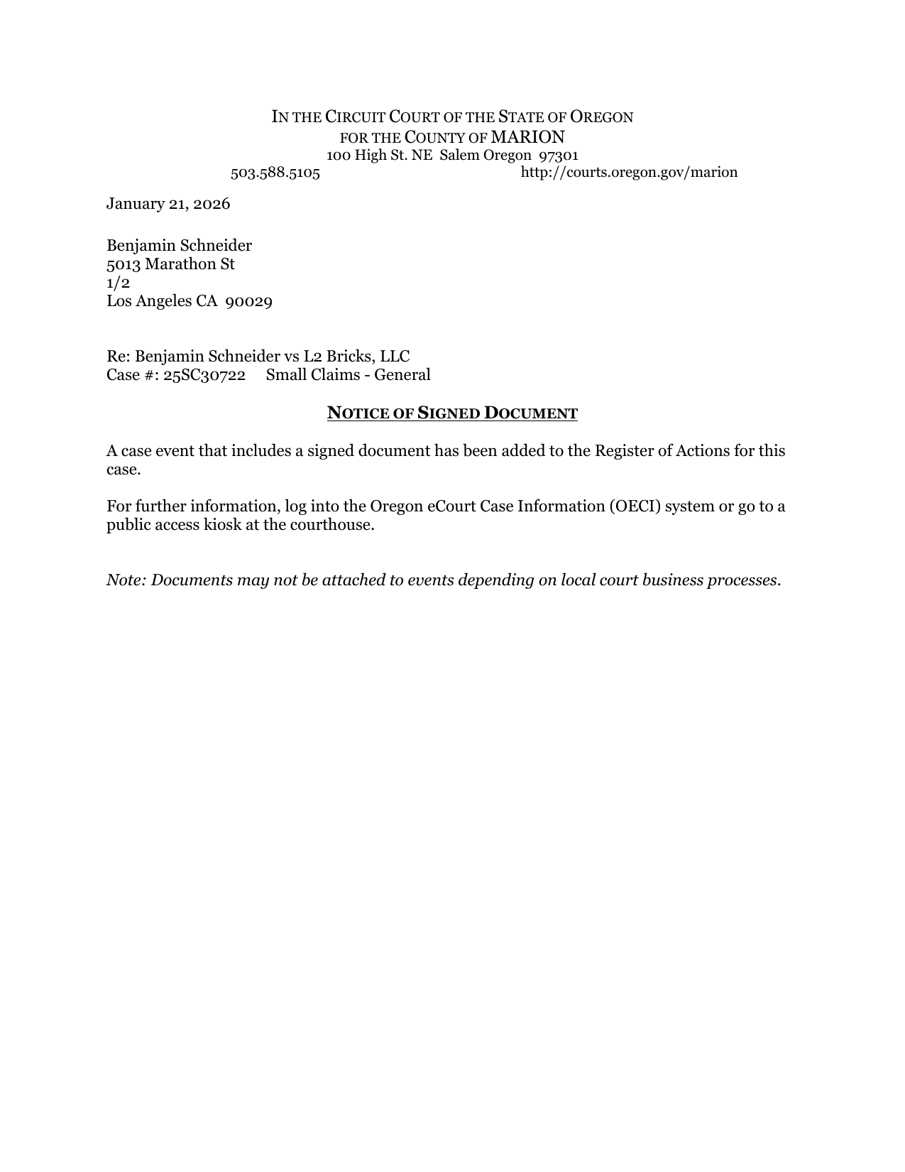 First page preview of 25SC30722 Schneider v. L2 Bricks - Order - Denial