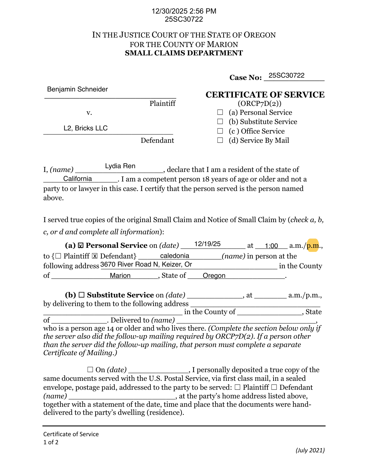 First page preview of 25SC30722 Schneider v. L2 Bricks - Proof - Service - PRSV