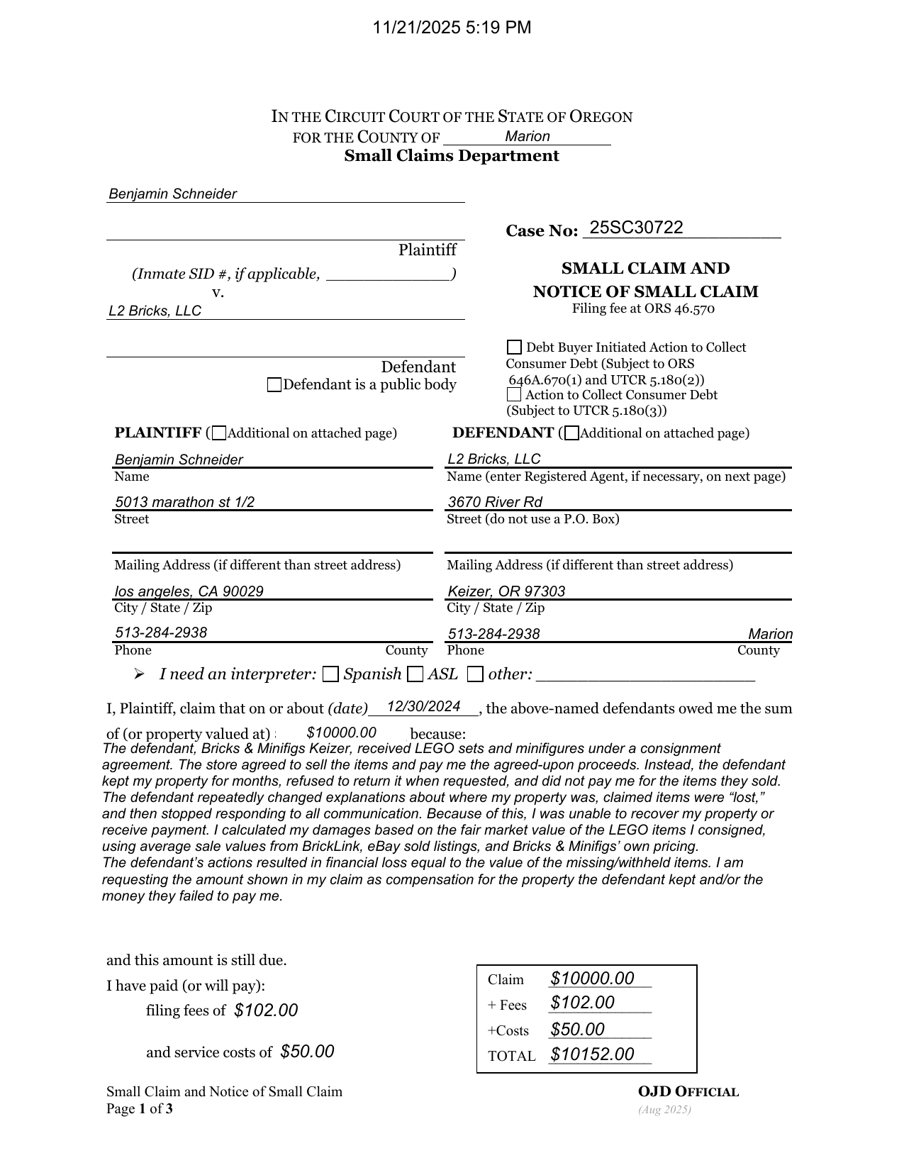 First page preview of 25SC30722 Schneider v. L2 Bricks - Small Claim Complaint