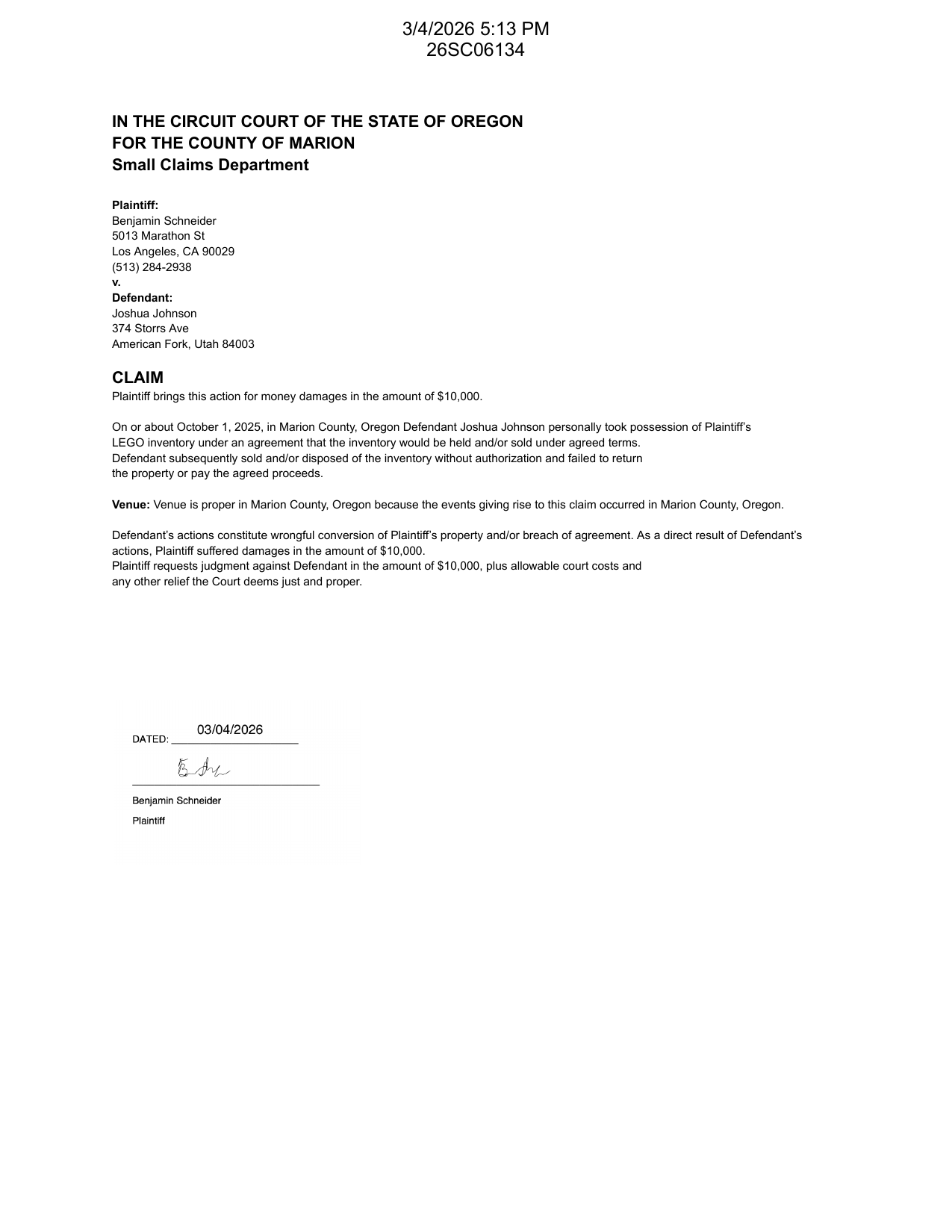 First page preview of 26SC06134 Schneider v. Joshua Johnson - Claim - CC