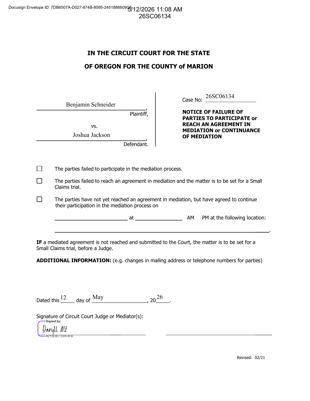 First page preview of 26SC06134 Schneider v. Joshua Johnson - Mediation - No Agreement - MENA