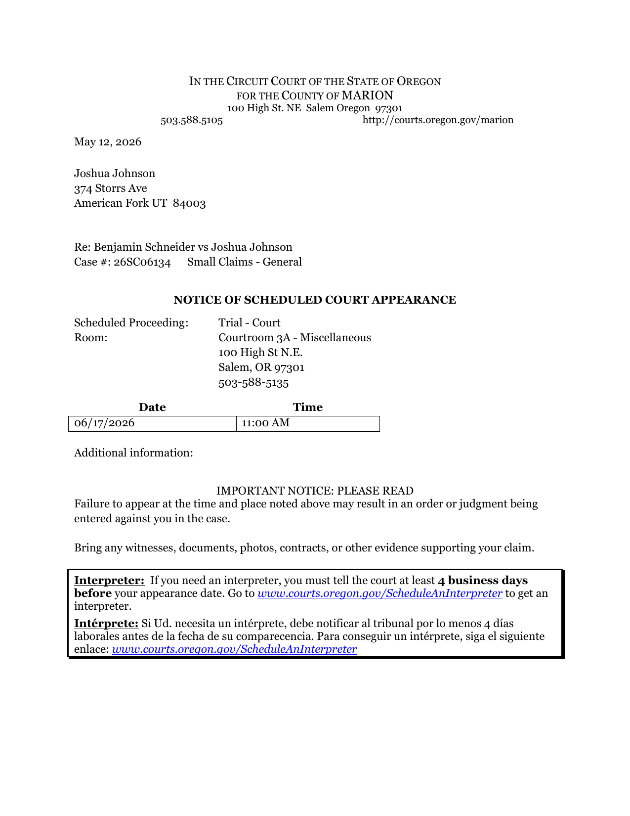 First page preview of 26SC06134 Schneider v. Joshua Johnson - Notice - Hearing