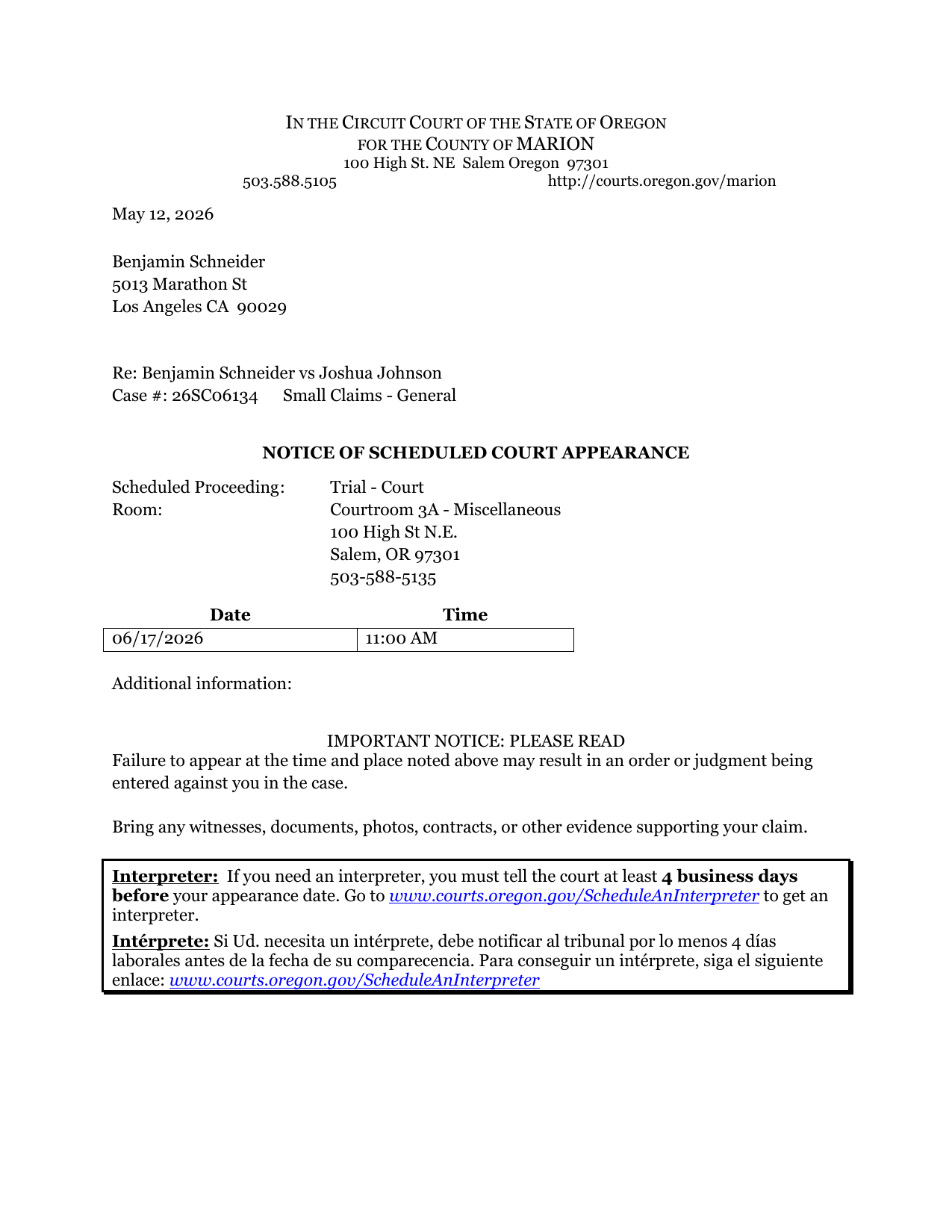 First page preview of 26SC06134 Schneider v. Joshua Johnson - Notice - Hearing