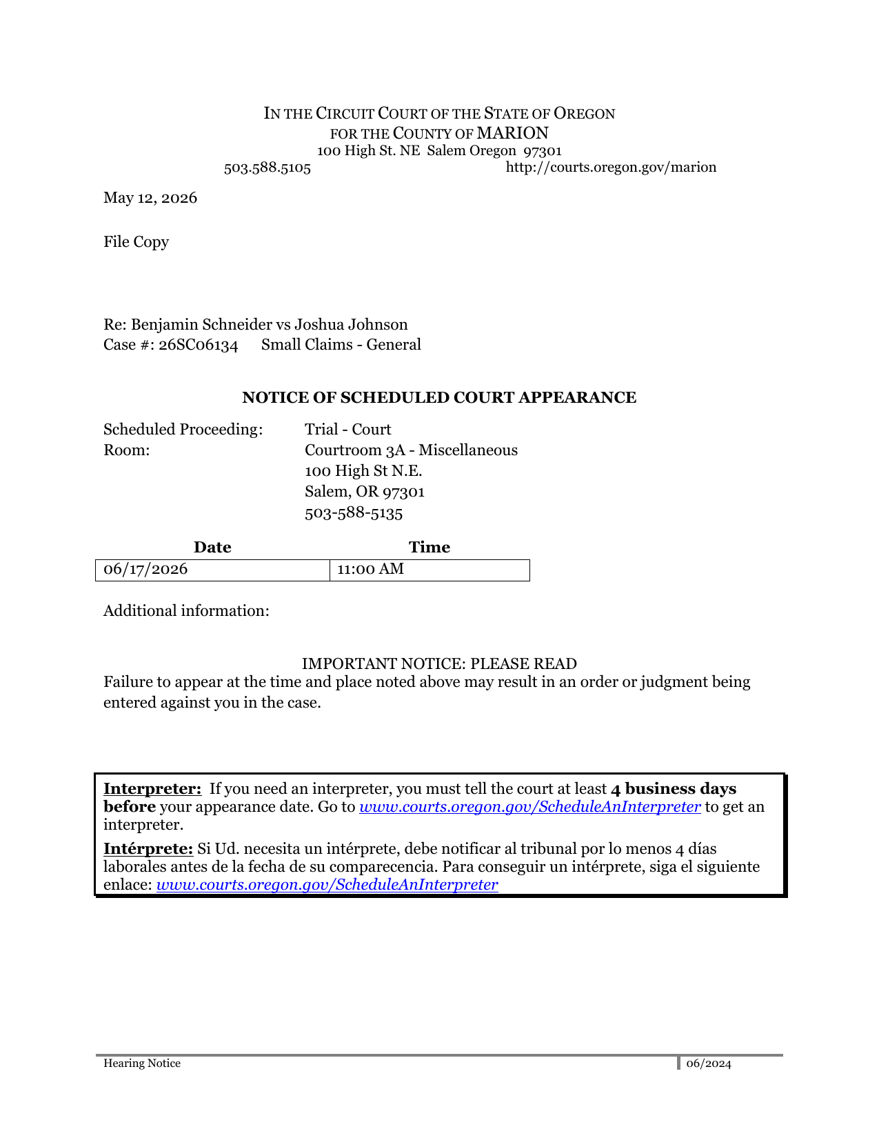 First page preview of 26SC06134 Schneider v. Joshua Johnson - Notice - Hearing