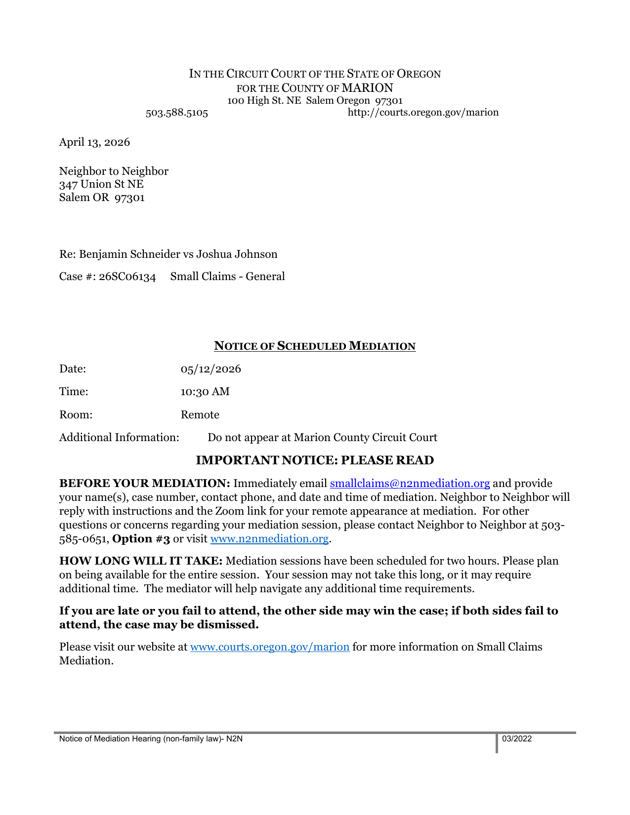 First page preview of 26SC06134 Schneider v. Joshua Johnson - Notice - Hearing Mediation N2N-MAR