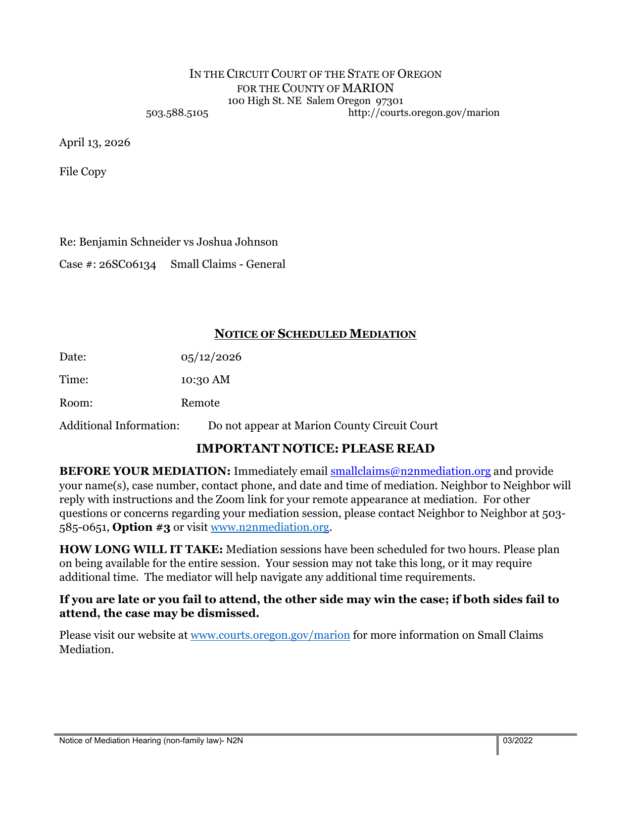 First page preview of 26SC06134 Schneider v. Joshua Johnson - Notice - Hearing Mediation N2N-MAR