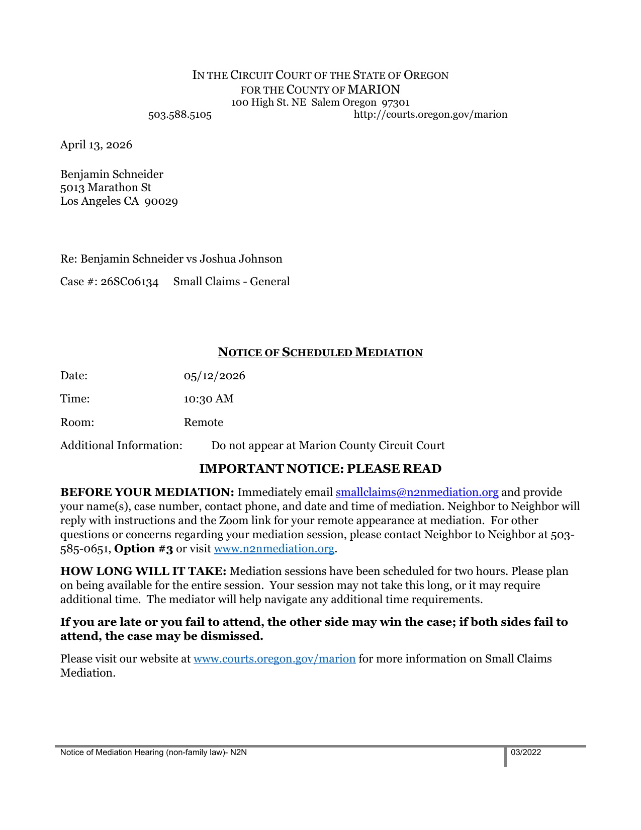 First page preview of 26SC06134 Schneider v. Joshua Johnson - Notice - Hearing Mediation N2N-MAR