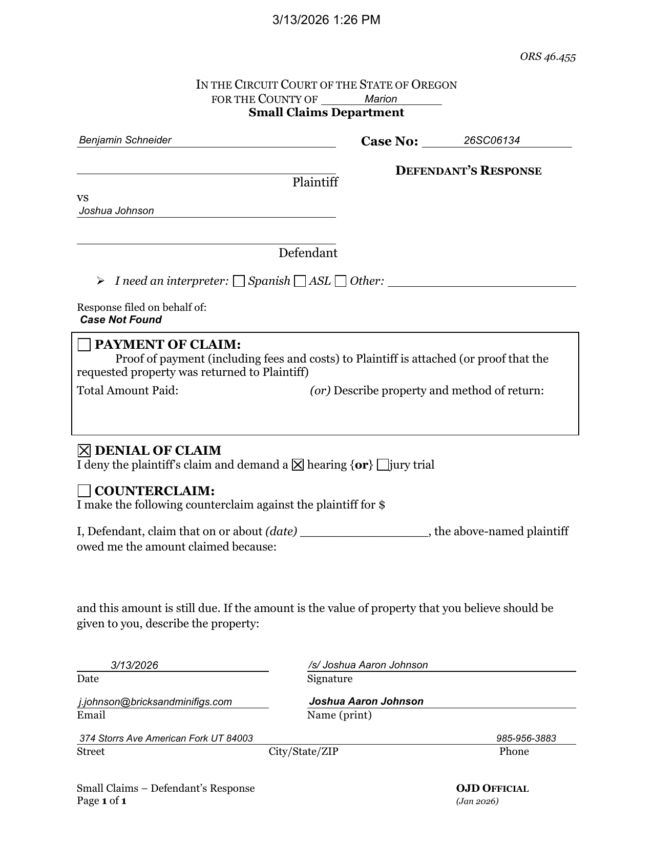 First page preview of 26SC06134 Schneider v. Joshua Johnson - Small Claim Response