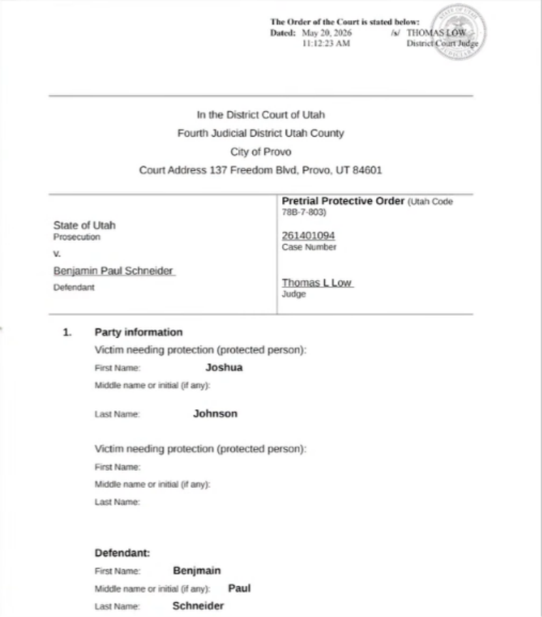First page preview of Pretrial Protective Order - Benjamin Paul Schneider (Case 261000376)