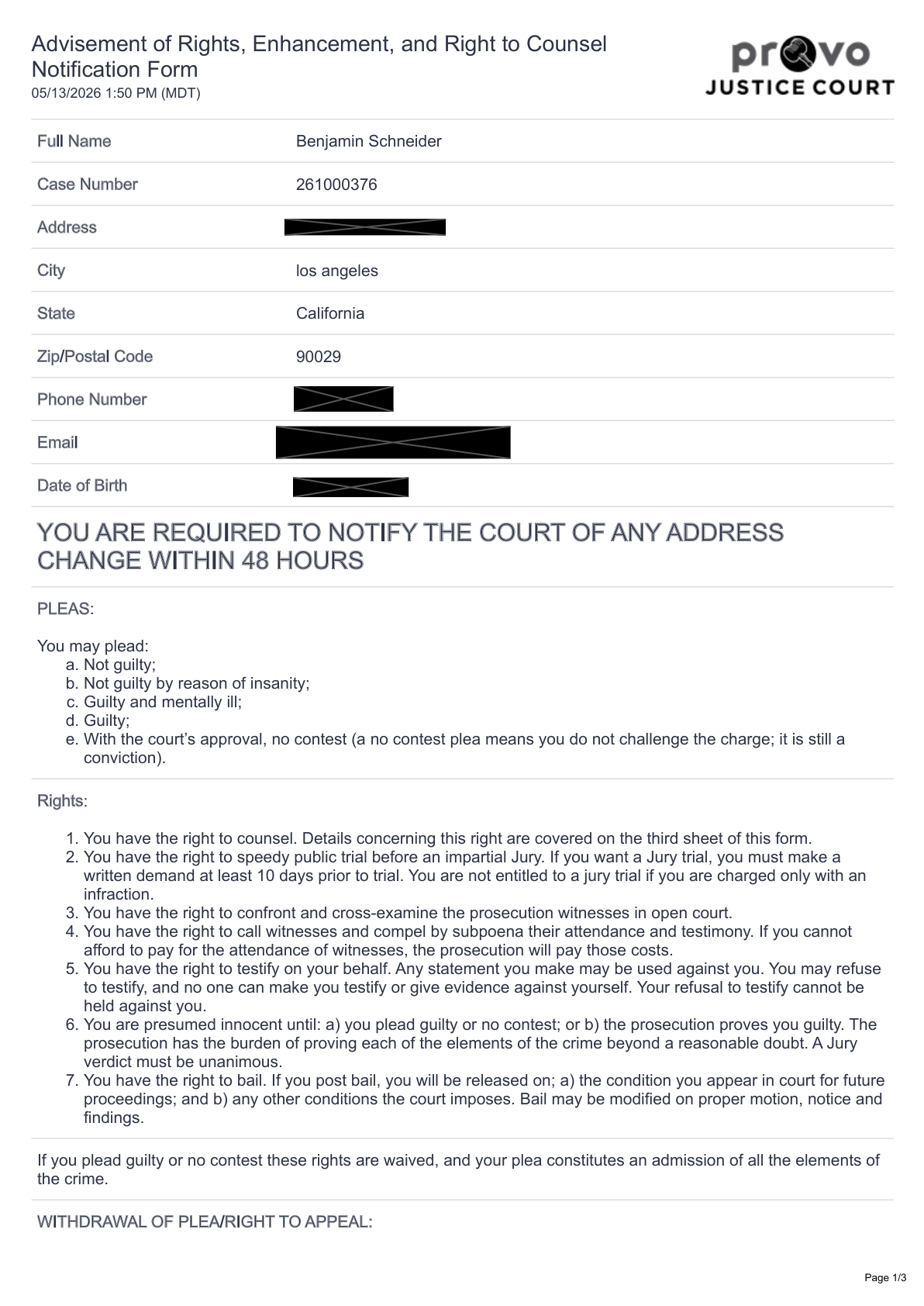 First page preview of Advisement of Rights, Enhancement, and Right to Counsel | Provo Misdemeanor Case 261000376 Reckless Ben