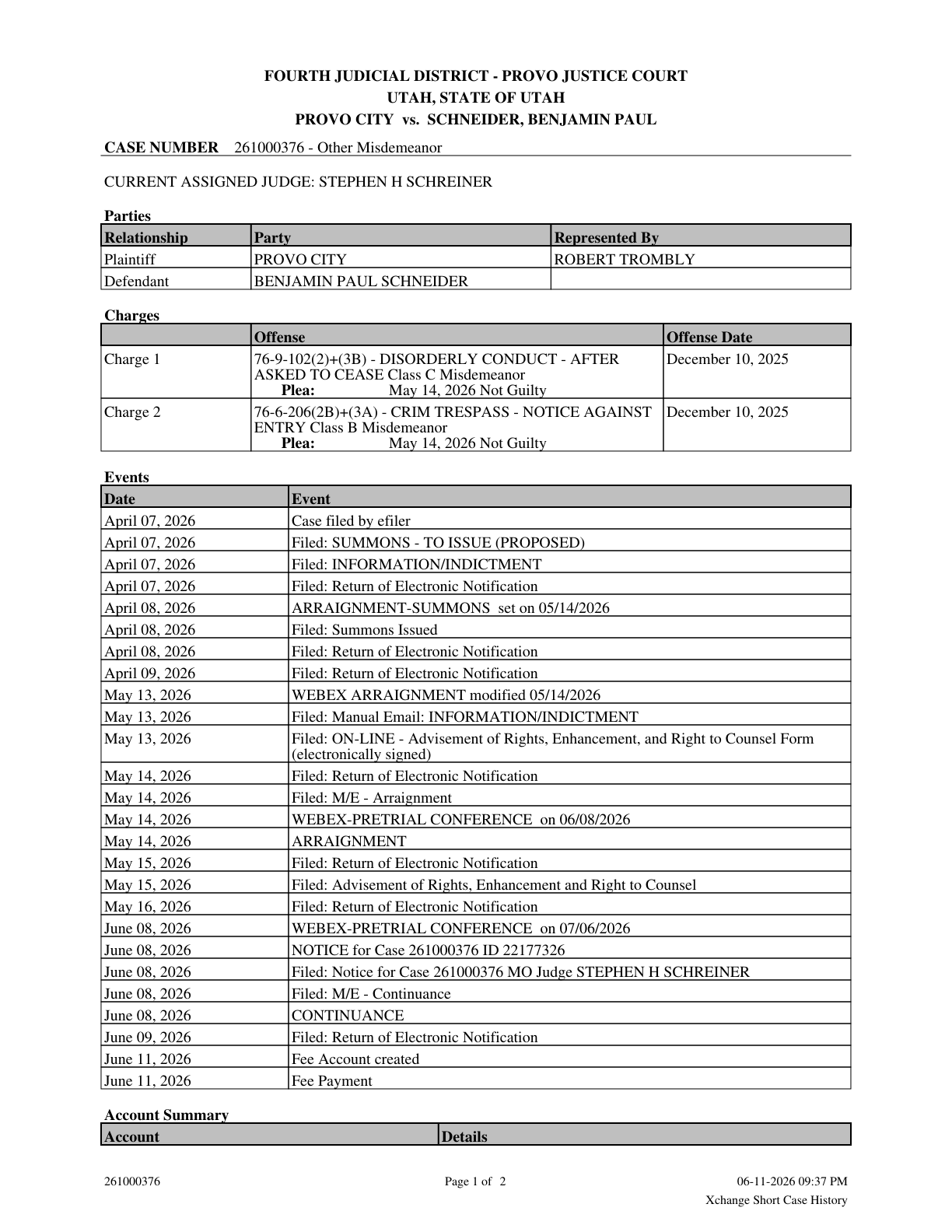 First page preview of Provo Misdemeanor Case 261000376 Docket Events | Reckless Ben