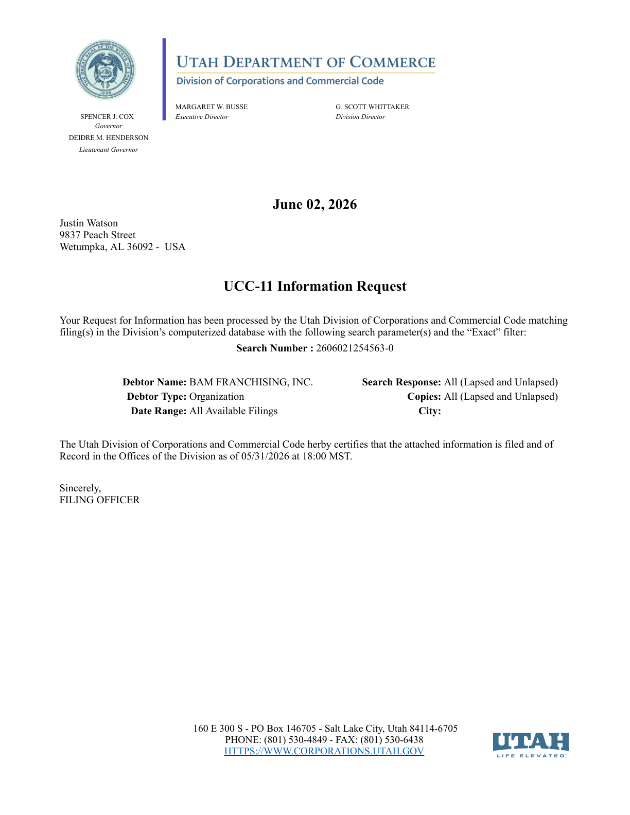 First page preview of Bricks and Minifigs Utah UCC detailed filing