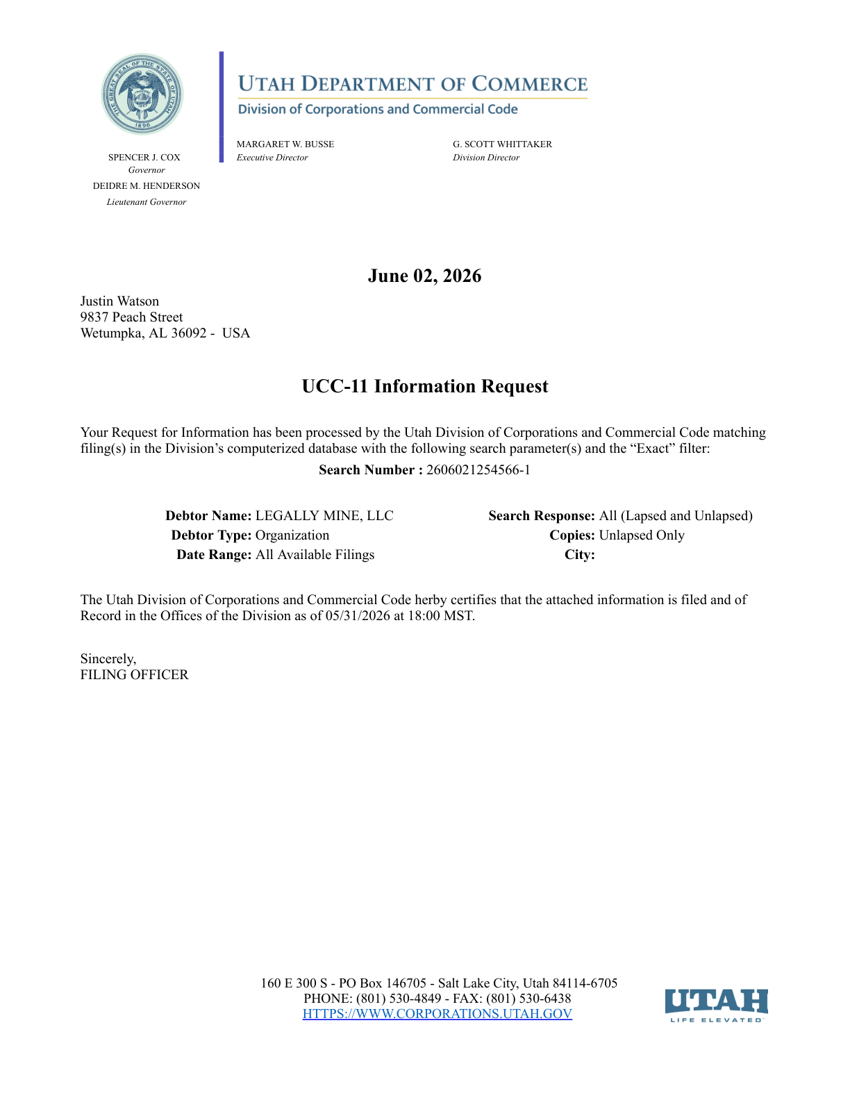 First page preview of Legally Mine Utah UCC detailed filing